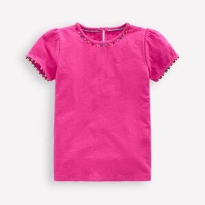 Mini Boden Ali Puff Sleeve Pom T shirt pink 3-4 years